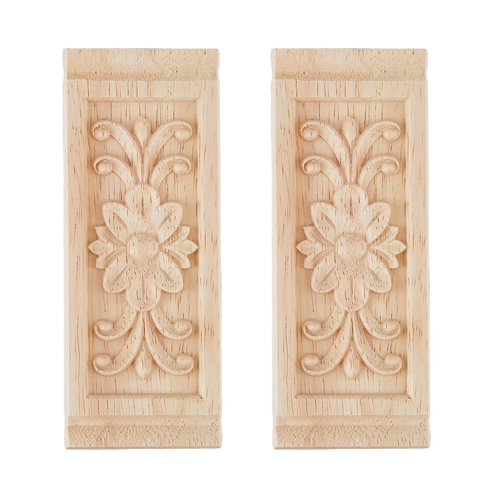 SUPERFINDINGS 2Pcs Rectangle with Flower Furniture Applique Wood Carved Appliques Onlays Unpainted Decorative Corner Carving Decals Center Flower Long Applique for Cabinet Mirror Closet 133x51x8mm — image 1