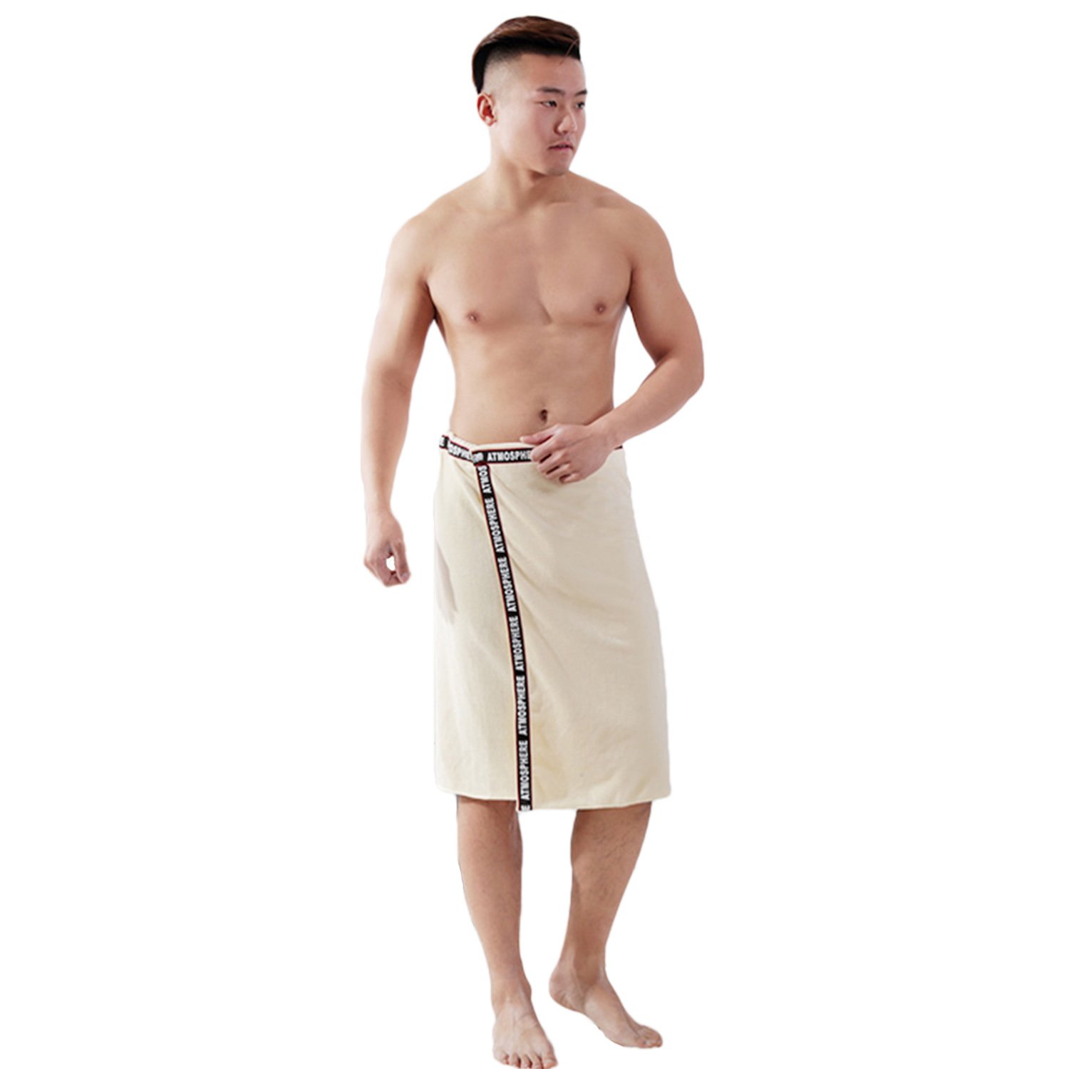 Men’s Bath Wrap Towel Soft Cozy Water Absorbent Shower Bathing Towel Cover Up Bathrobe Adjustable Snap on Closure for Home Gym Spa Beach Pool Sauna (Beige)