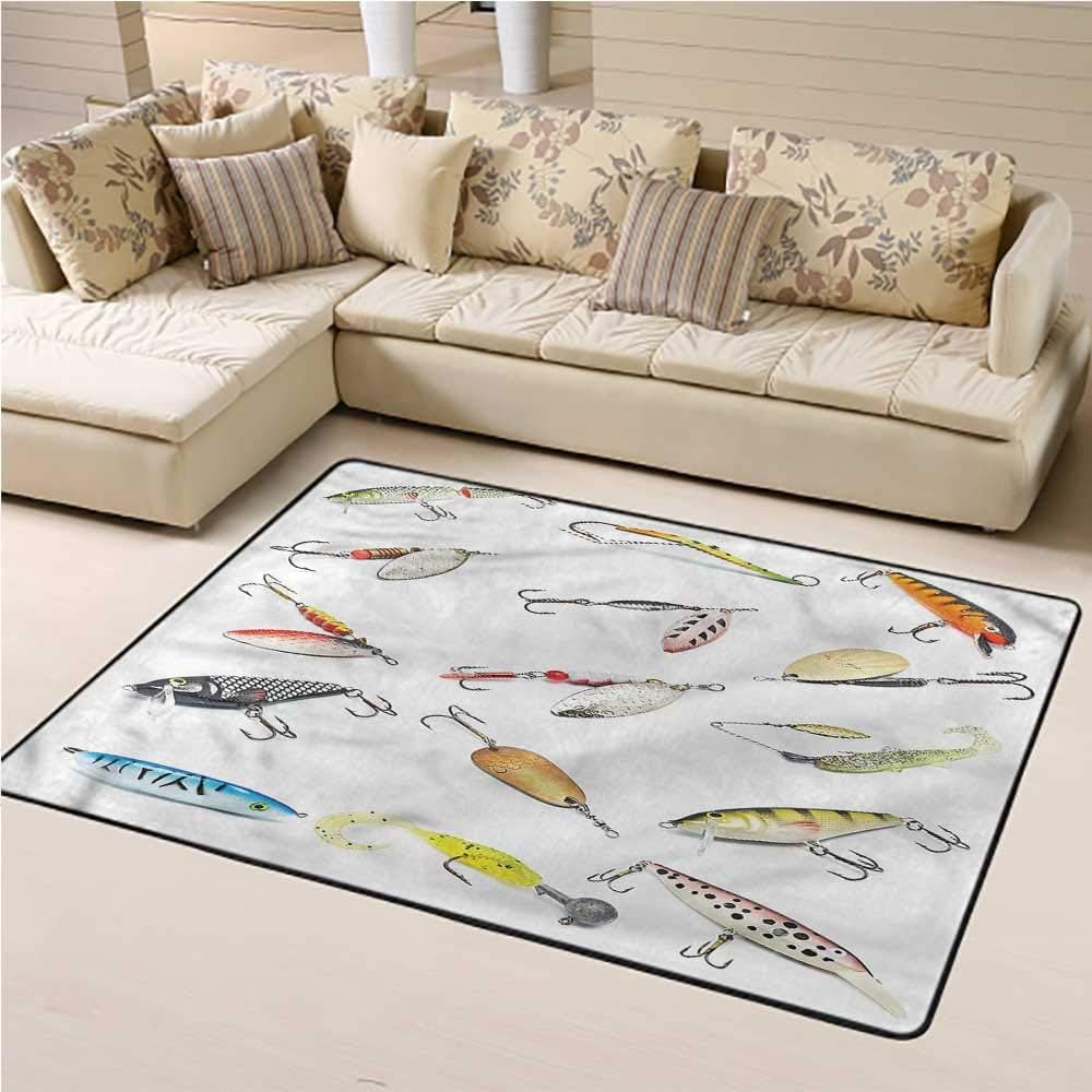 Area Rug Fishing, Nautical Hobby Theme Baits Smooth Modern Abstract Area Rug for Bedroom Sofa Floor 3 x 5 Feet