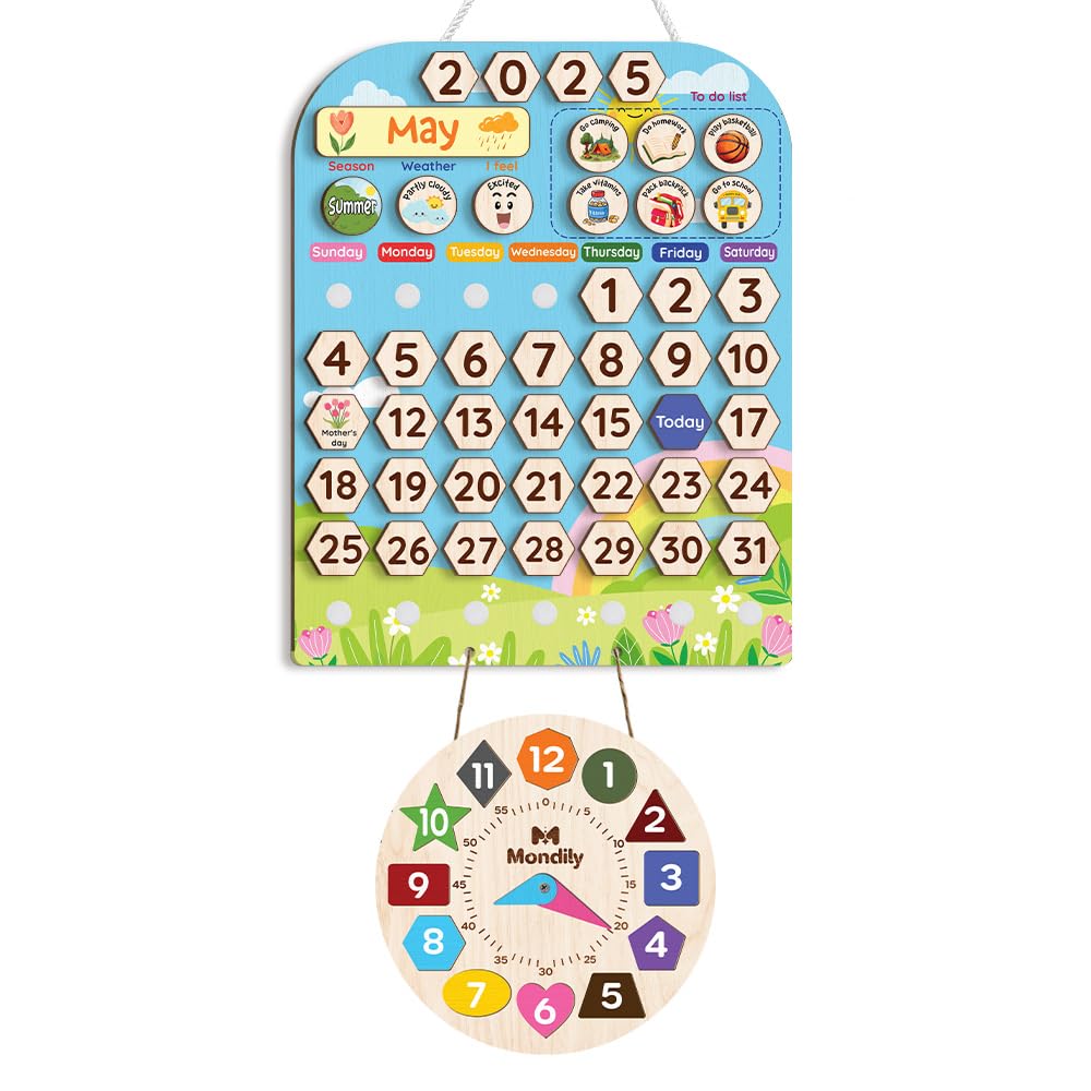 Photo 1 of Mondily Interactive Calendar for Kids Ages 3+, Wooden Toddler Calendar, Teaching Seasons, Years, Months, Days of Week, Daily Activity Calendars for Kid Preschool & Homeschool (12 x 15 inches)