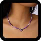 Andelaisi Boho Butterfly Pendant Necklace Vintage Purple Resin Butterfly Necklace Purple Seed Bead Choker Necklaces Adjustable Rice Beads Collar Necklaces Jewelry for Women