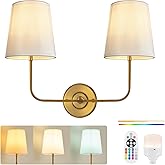 PASSICA DECOR Vintage Glod 2-Light Battery Operated Double Wall Sconce with Dual Head No Wiring Dimmable Cordless Sconces wit