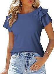 SHEWIN Womens Shirts Summer Ruffle Sleeve Crewneck