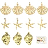 Beebeecraft 1 Box 12Pcs Sea Theme Charms 18K Gold Plated Brass 3 Style Shell/Starfish/Conch Charms with Jump Ring for DIY Jewelry Making