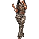 YOUFE Womens Sexy Cheetah Print Outfit Sleeveless Mesh See Through Bodycon Leopard Print 2 Piece Set Y2K Club Tracksuit