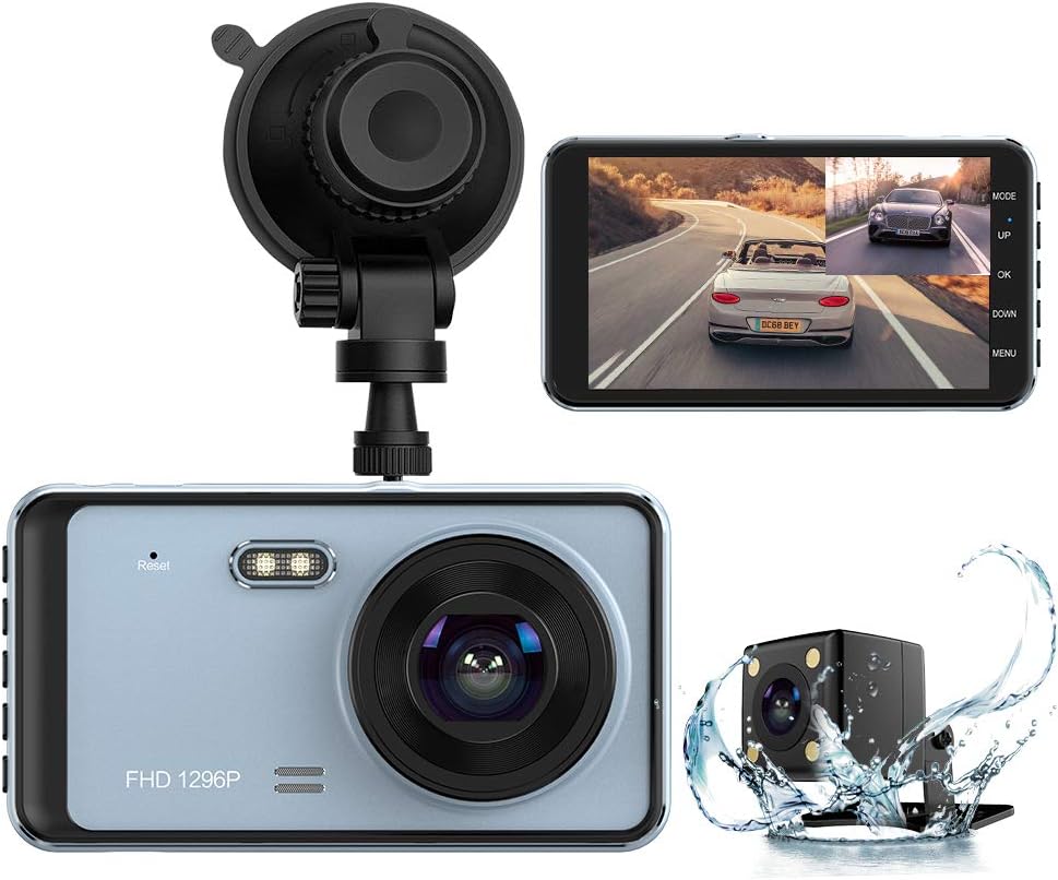 Dual Dash Cam, DashCam Front and Rear View Camera 1296P FHD 4 inch IPS Touch Screen 170° Wide Angle Dash Camera for Cars with Night Vision