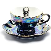 Grace Teaware Skull Black Gold Luster Tea Cup and Saucer with Gold Trim