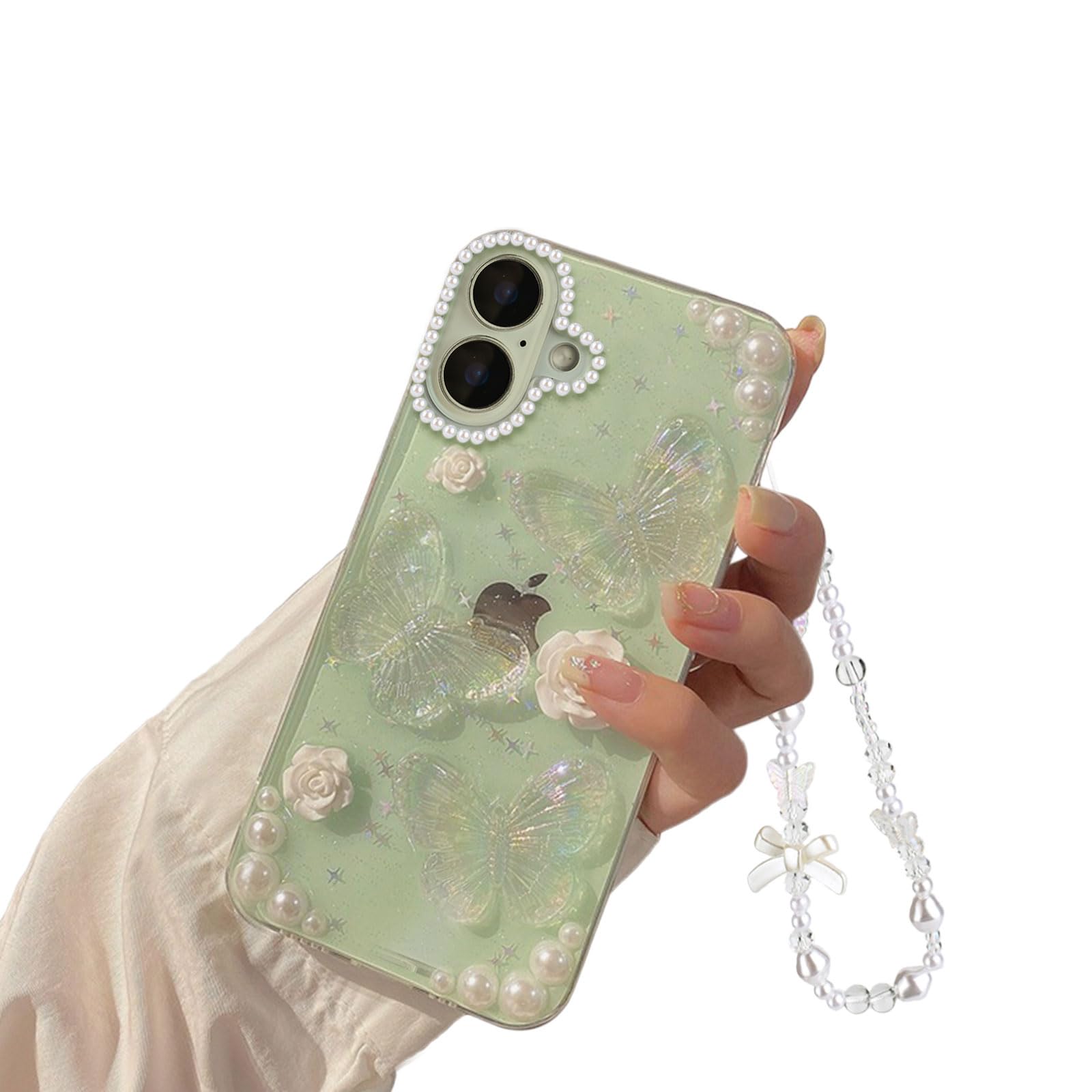 Photo 1 of Fycyko Compatible for iPhone 16 Case 3D Butterfly Floral Clear with Aesthetic Design Women Girls Glitter Pretty Crystal Sparkle Sparkly Cute Girly Protective Phone Cover+ Pearl Chain