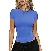 Hragc Womens Crew Neck Ribbed Skim Short Sleeve Fitted T Shirts Casual Basic Tight Tees Stretchy Tops for Women