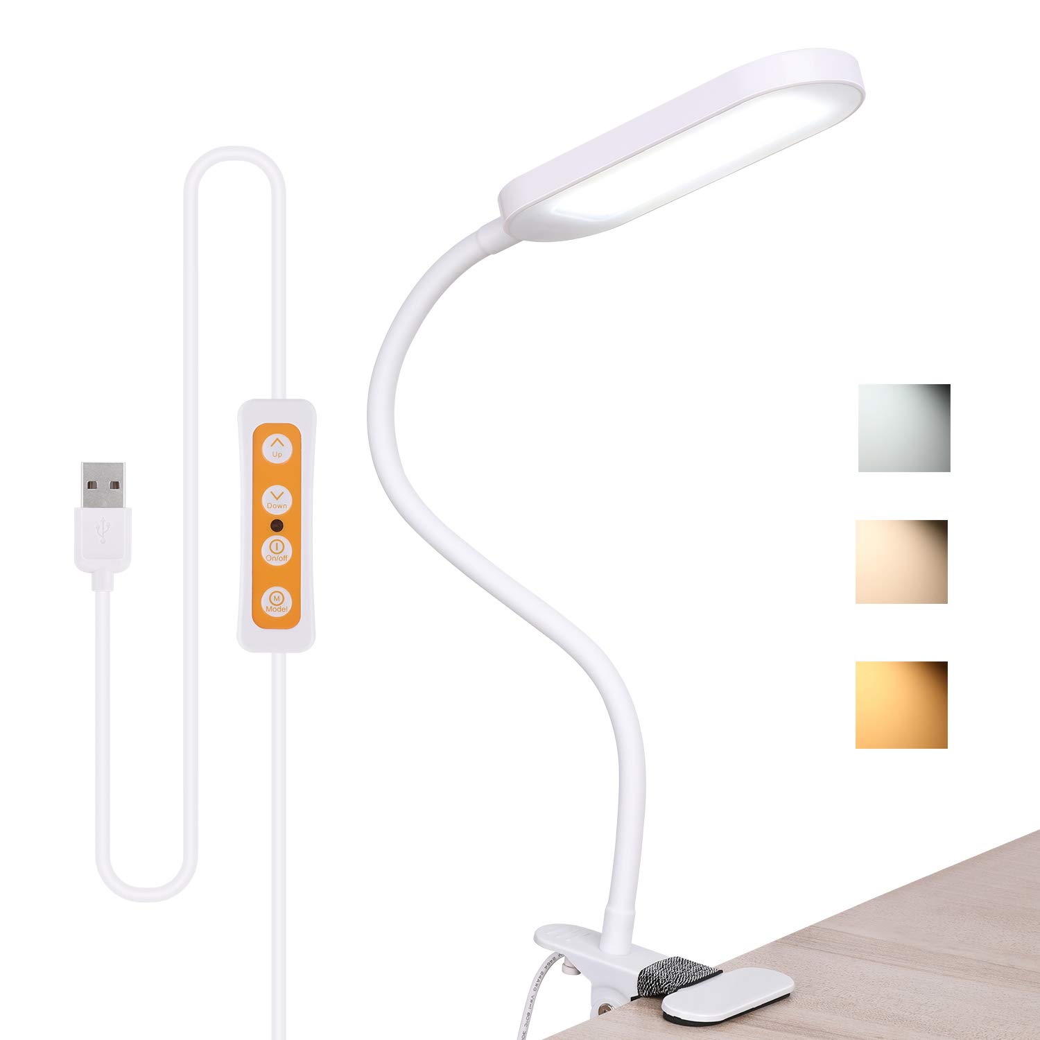 aiyidi Clip On Reading Light, Eye-Care Dimmable Desk Clamp Lamp with 3 Color Temperature Brightness Adjustable Flexible Gooseneck Bed Light for Study, Reading and Relaxing (White)