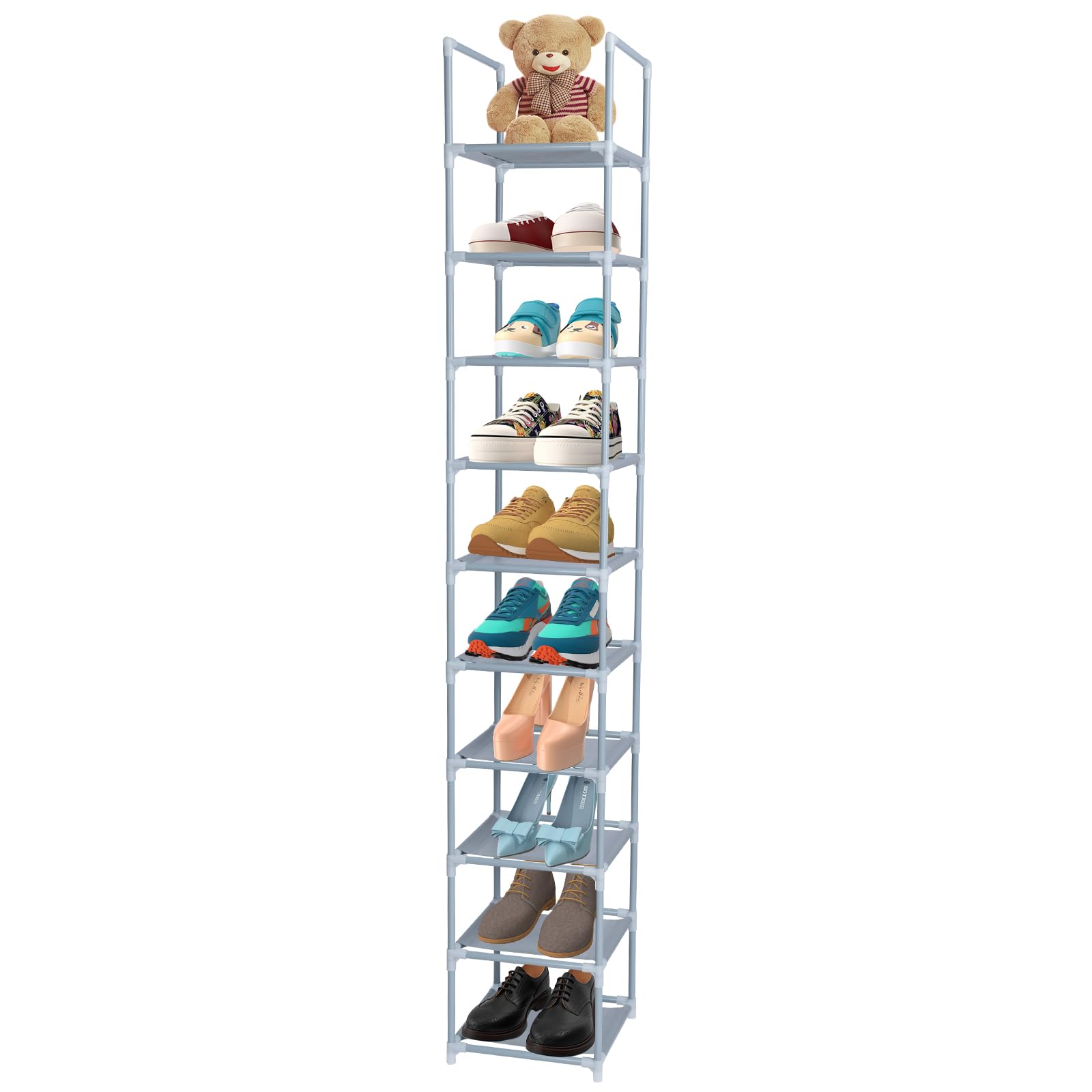 Dyserbuy 10 Tier Shoe Rack, Tall Shoe Storage Organizer, Narrow Shoe Stand Shelf, Home Space Saving Shoes Tower with Non-Woven Fabric for Living Room, Bedroom, Closet, Hallway, Grocery Room, Grey