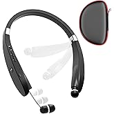 Bluetooth Neckband Headphones, Dpvisn Foldable Wireless Lightweight Neck Headset with Retractable Earbuds, Noise Cancelling Sweatproof Stereo Earphones with Mic & Carrying Case (Black)