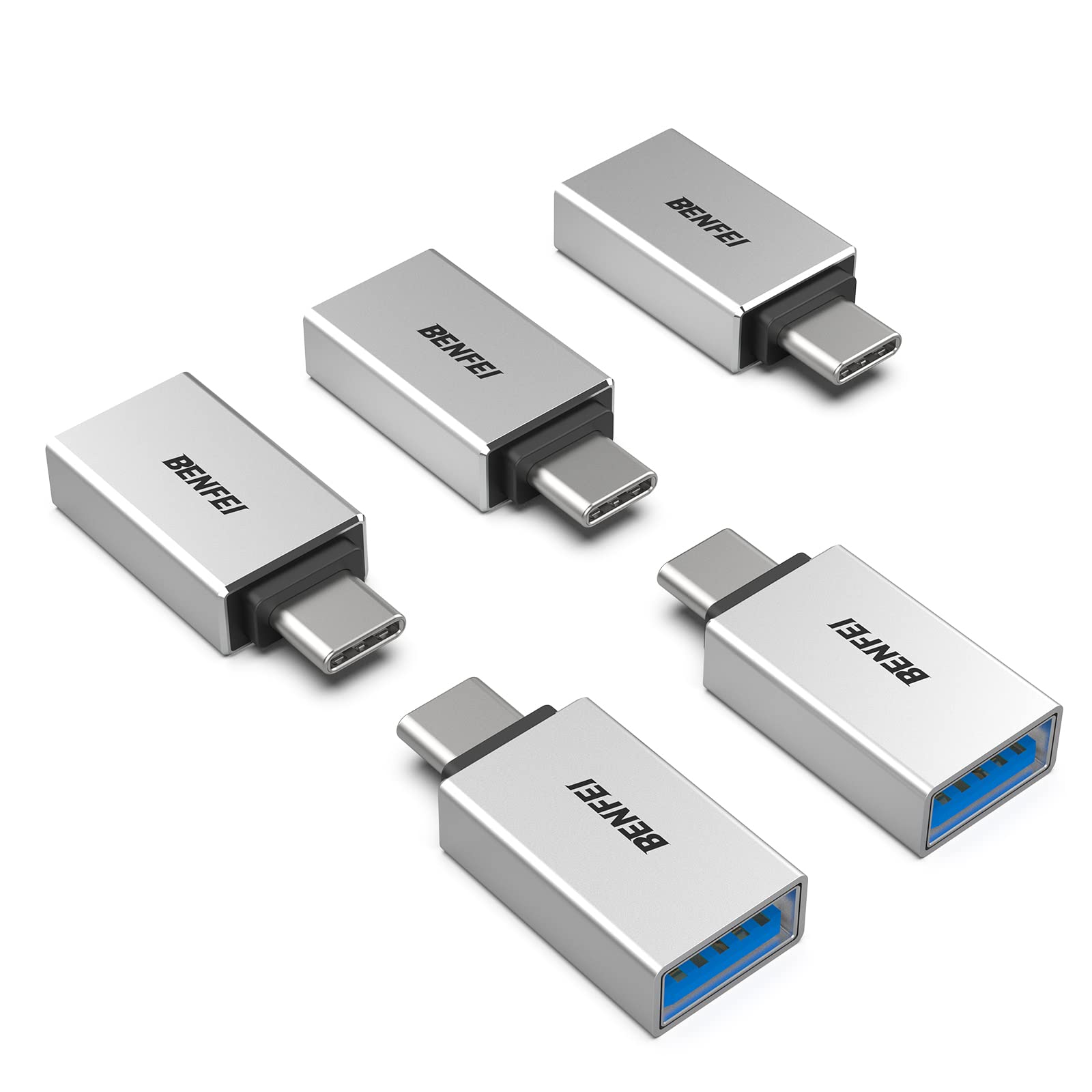 USB C to USB 3.0 Adapter, Benfei 5 Pack USB C to A Male to Female Adapter Compatible with MacBook 2018 2017 2016, Samsung Galaxy Note 8, Galaxy S8 S8+ S9, Google Pixel, Nexus, and More - Silver