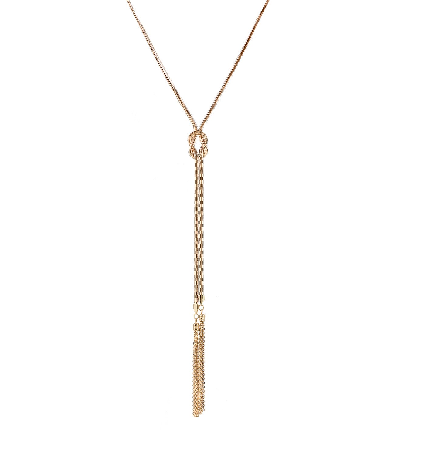 VOGUEKNOCK Long Knotted Necklace Flat Snake Chain with Tassel Pedant Y Lariat Necklace Gold