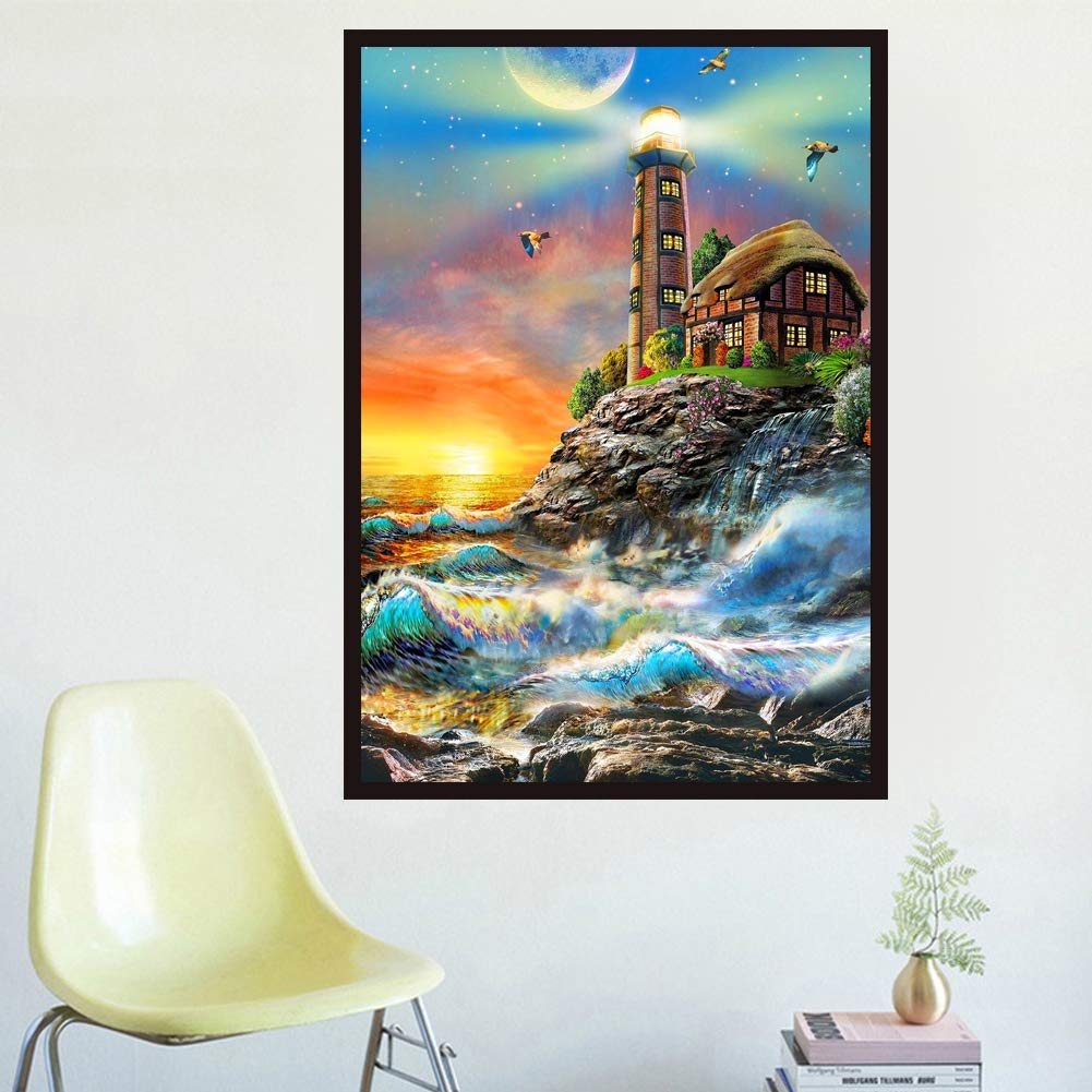 5D DIY Diamond Painting by Number Kit for Adult, Full Drill Diamond Embroidery Dotz Kit Home Wall Decor Urban Local Architecture Landscape (Lighthouse, 30 x 40 cm)