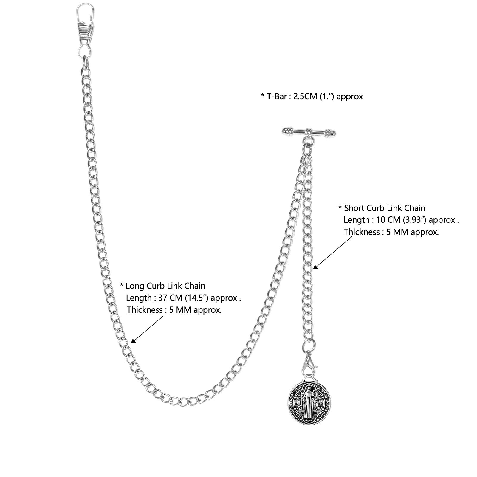 TREEWETO Men's Double Albert Chain Pocket Watch Curb Link Key Chain 2 Hooks with Antique St. Benedict Pendant Design Charm Fob T Bar
