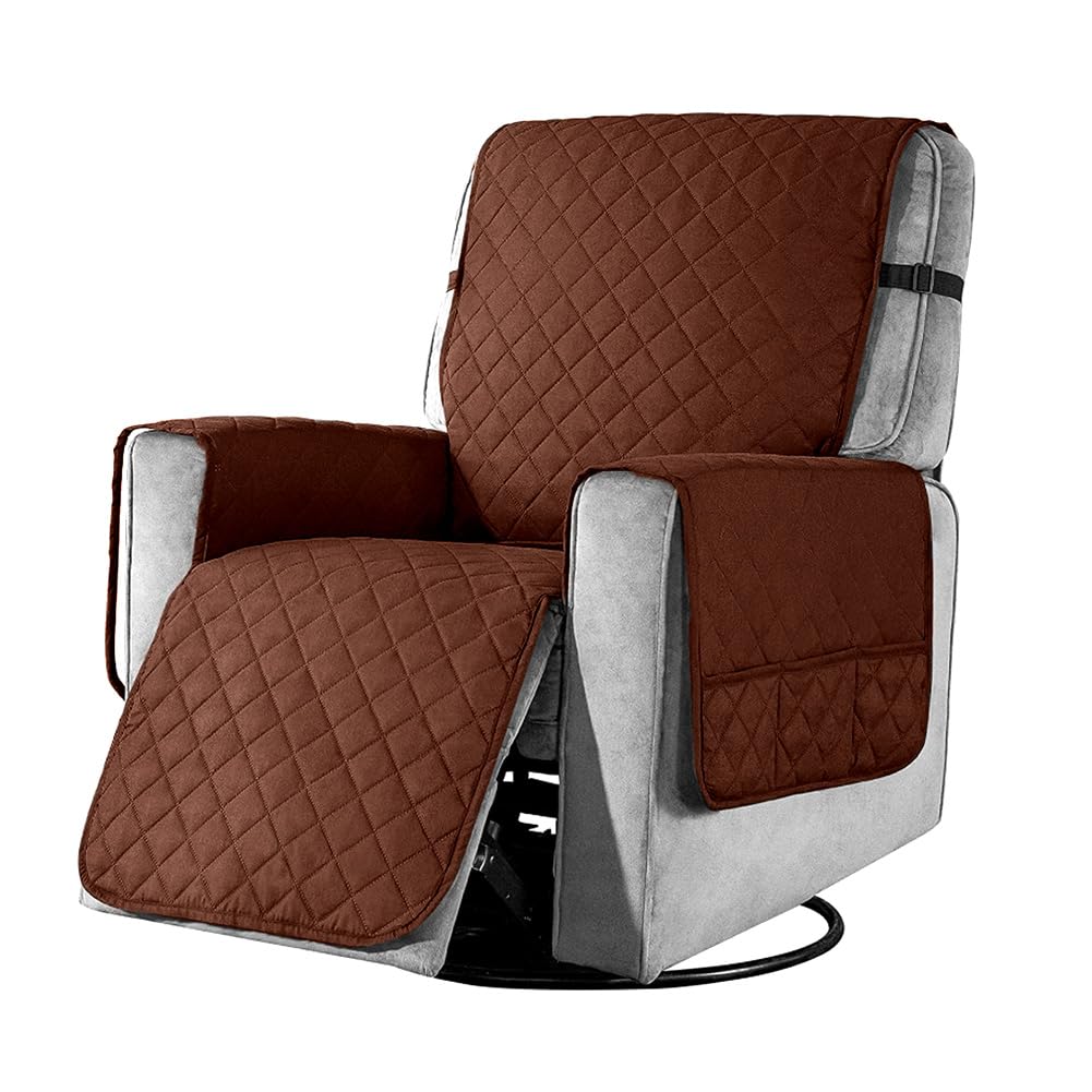 Recliner Chair Cover Pad with 6 Side Pockets, Reclining Chair Adjustable Soft Non-slip Buckles Protective Armchair Sofa Cushion Furniture Protector for Home with Children and Pets Dog (Small, Brown)