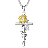 VONALA Cross Necklace for Women 925 Sterling Silver Celtic Sunflower Rose Cross Pendant Necklace Dainty Religious Jewelry Gifts for Men Wife