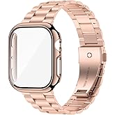 iiteeology Compatible with Apple Watch Band 42mm Series 11 Series 10, Upgraded Stainless Steel Band with iWatch Screen Protector Case for Men Women Rose Gold/Rose Gold
