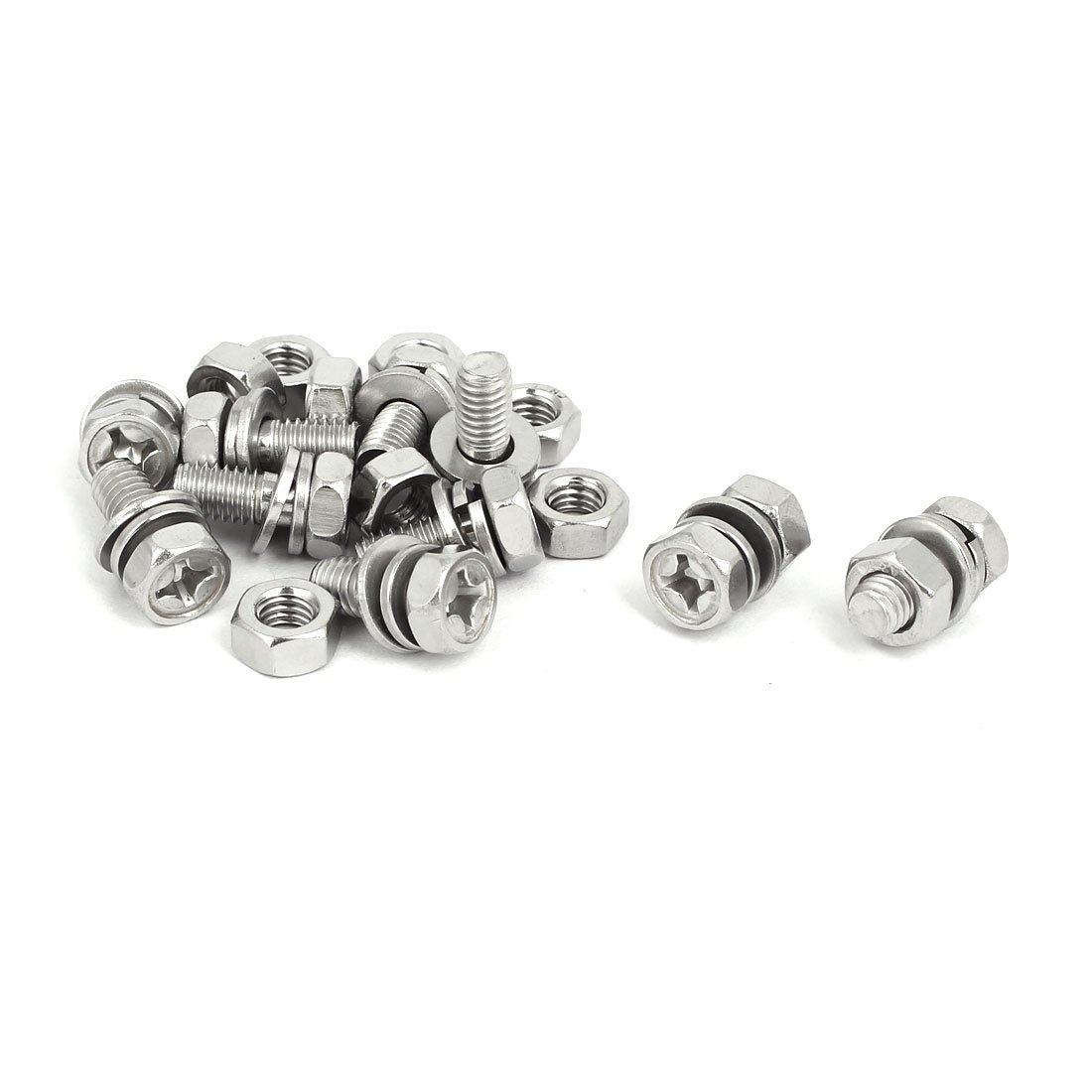 Sourcingmap M6x14mm 304 Stainless Steel Phillips Drive Hex Head Screw Nut w Washer 10 Sets
