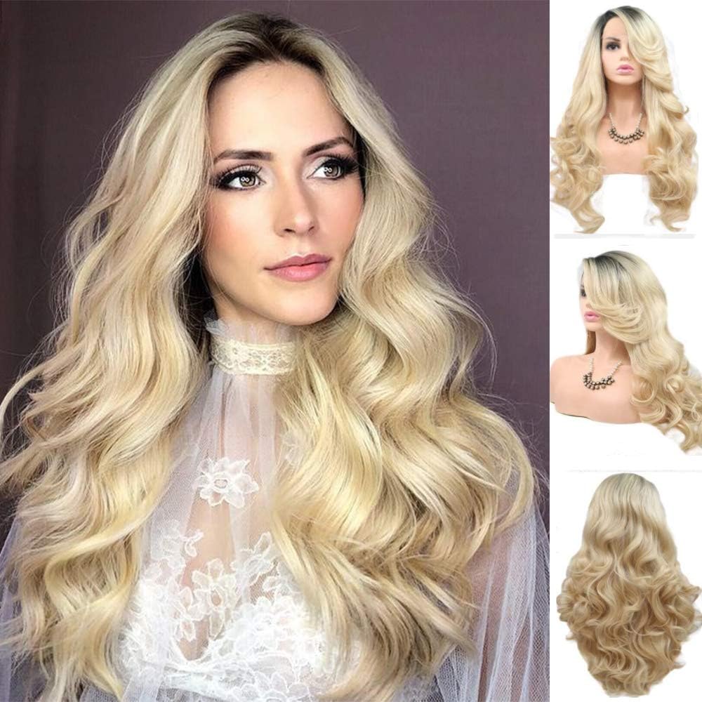 Ombre Blonde Lace Front Wigs for Women with Dark Roots Wavy Heat Resistant Fiber Synthetic Wigs Anime Cosplay Daily Use #613 150% 26 inches