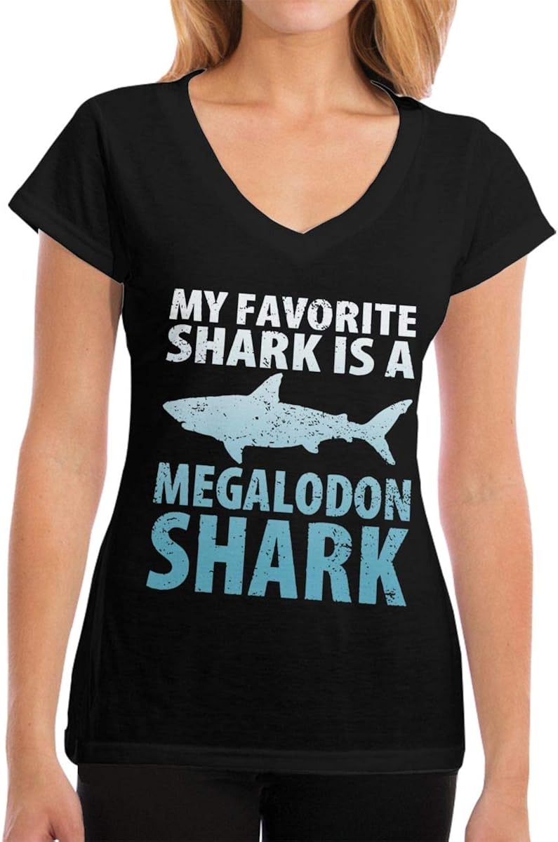 Women's My Favorite Shark is A Megalodon Shark Short Sleeve V-Neck Tee Retro T-Shirt