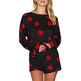 Saodimallsu Womens Valentine's Day Pajama Sets Hearts Print Lounge Set Long Sleeve Sweater and Shorts 2 Piece Outfits