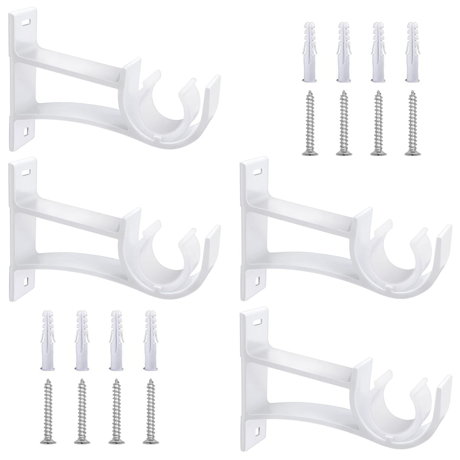 Heavy Duty Curtain Rod Brackets - White Metal Single Curtain Rail Brackets with Support Hooks - Wall Mounted - Fits 25mm-30mm Drapery Pole, 4 Pack