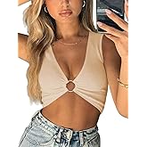 AEVZIV Sexy Crop Tops for Women Sleeveless Deep V Neck Workout Tops Plunge Ring Cleavage Cropped Tank Top