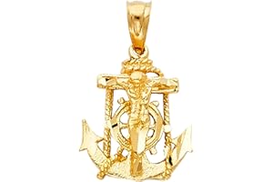 TOP GOLD & DIAMOND JEWELRY Solid 14K Yellow Gold Jesus Cross Crucifix Pendant - Charm Mariner Anchor Finish - Handmade Spiritual Symbol - Gold Stamped Fine Jewelry - Great Gift for Men & Women for Occasions