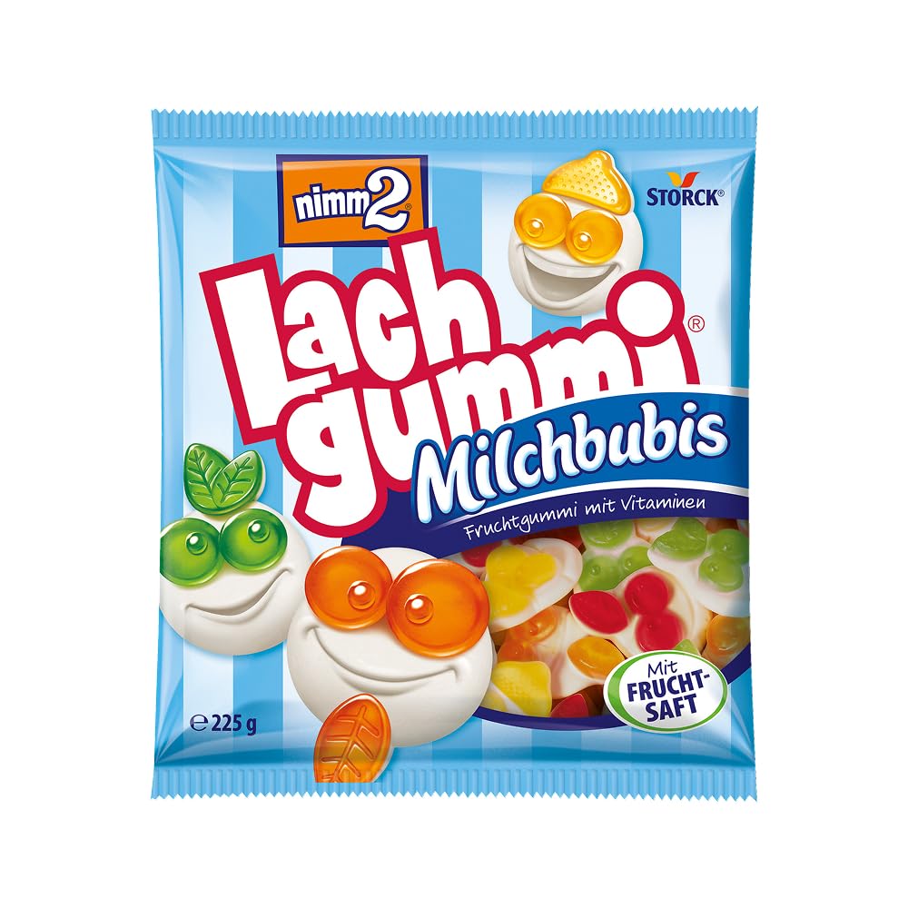 nimm2 Lachgummi Milchbubis – 1 x 225 g – Fruchtgummis mit Fruchtsaft, Vitaminen und Milch – Süßigkeit in vier Geschmacksrichtungen