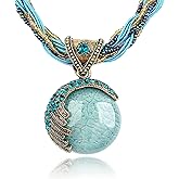 Jeolory Daily Wear Retro Vintage Bohemian Style Statement Beaded Weave Rope Chain Rhinestone Turquoise Pendant Collar Necklace Fashion Jewelry for Women Lady