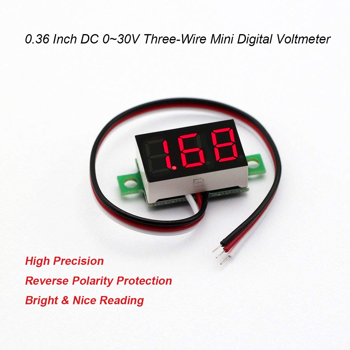 bayite Pack of 5 Three-Wire Calibratable DC 0~30V Red Digital Mini Voltmeter Gauge Tester Mount Car Motorcycle Battery Monitor Volt Voltage Meter 0.36