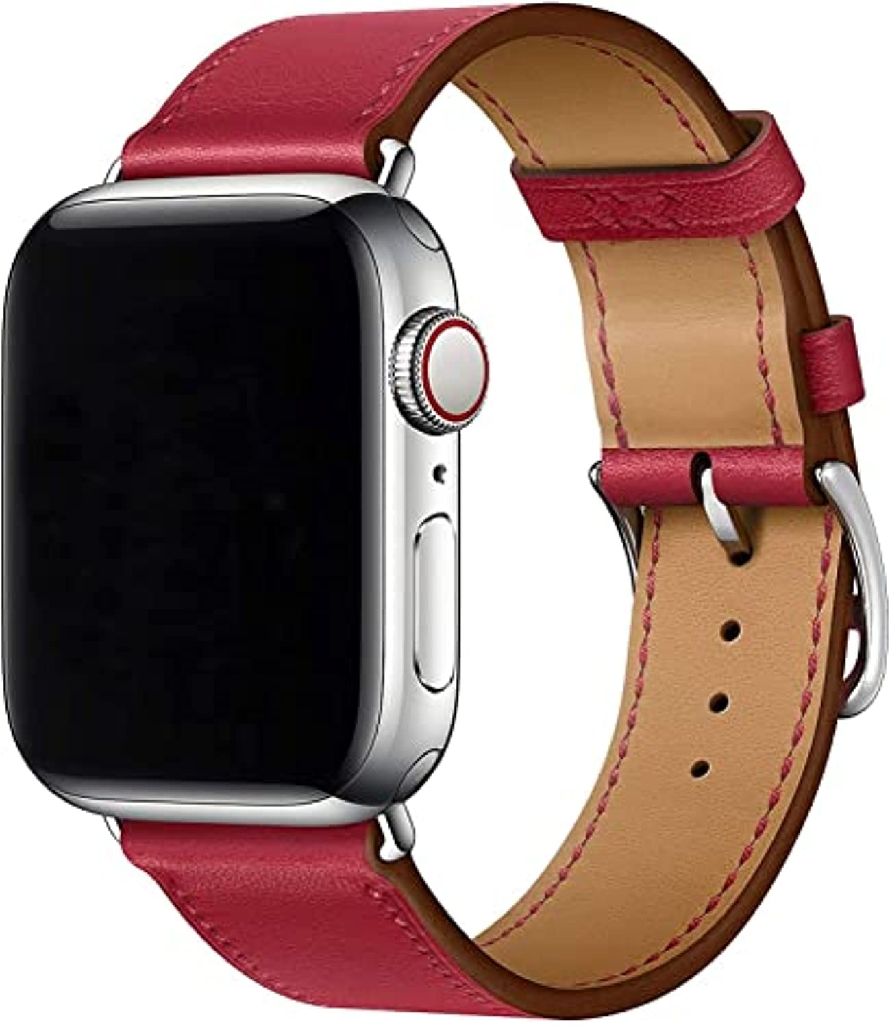 Fleshy Leaf Compatible for Apple Watch Leather Band 49/46/45/44/42mm Genuine Leather Strap Replacement for iWatch Band Series 11, 10, 9, 8, 7, 6, 5, 4, 3, Ultra 2/3, SE (42mm/44mm/45mm, Red)