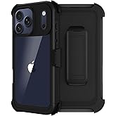 RubCase for iPhone 17 Pro Case, Full Body Phone Case with Built-in Screen Protector & Belt Clip Holster, Military Grade Drop Protection Rugged Cell Phone Cover for iPhone 17 Pro 6.3” (Clear Black)