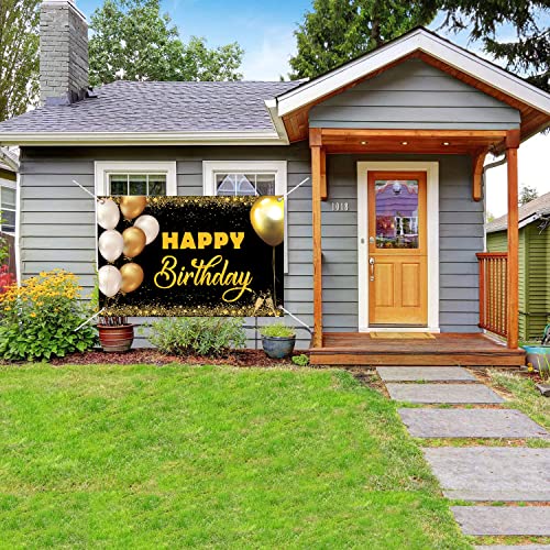 Happy Birthday Backdrop Banner 5.9x3.9 FT Extra Large Black and Gold Sign Poster for Birthday Anniversary Party Decoration Supplies, Style B