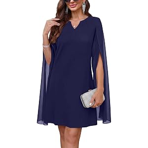 oten Women's Chiffon Cloak Sleeve Formal Wedding Guest Party Short Dresses | V Neck, A-Line, Loose Fit, Wear Cocktail, Evenin