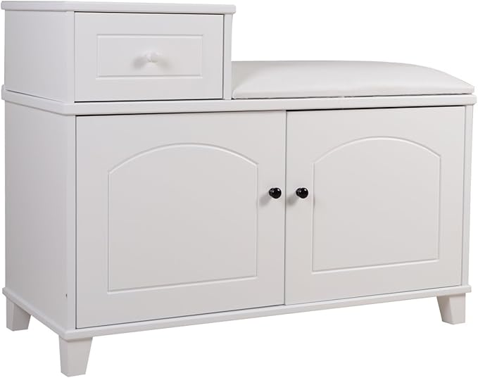 Organizedlife White Shoe Bench with Cushion,Double Doors and