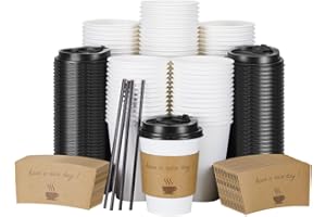 BYSNOW 100 pack 12 oz Disposable Thickened Coffee Cups with Lids, Scald Resistant Hot Cup with Sleeve and Straw, To Go Coffee Cups for Home, Office, Cafes and Party (White 12oz)