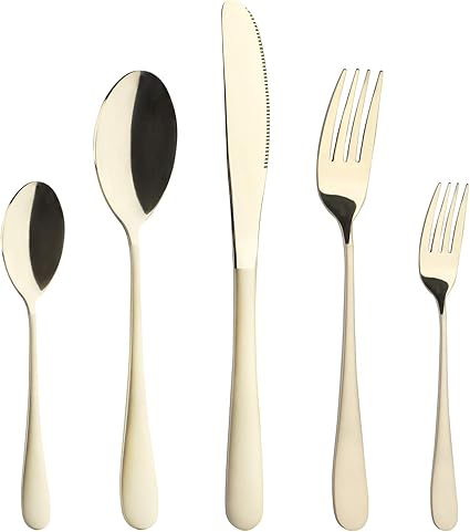 Amazon 高級ステンレス カトラリーセット 5本セット 高品質洋食器 高級 オシャレ 304ステンレス製 ステーキナイフ ディナーフォーク ディナースプーン デザートフォーク コーヒー ティースプーン チタン仕上げ 耐久性 食洗機対応 家族用 業務用 結婚祝い 新築祝い Cgo