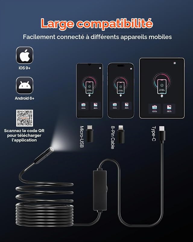 Caméra Endoscopique avec Câble Semi-Rigide 5 m, Endoscope HD 1920p pour Android et iOS, avec 8 Lumières LED Réglables, Zoom, Étanche IP67, Caméra Serpent d'Inspection pour Automobile, Plomberie