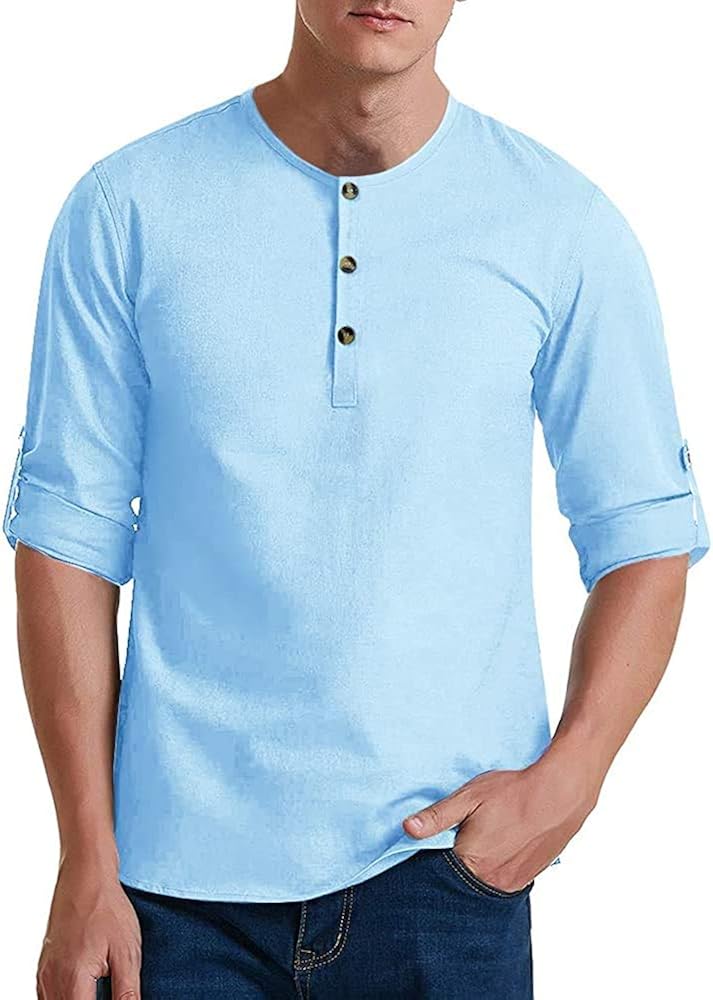 Ebinfin Mens Short Sleeve Henley Shirts Vintage Loose Fit Cotton