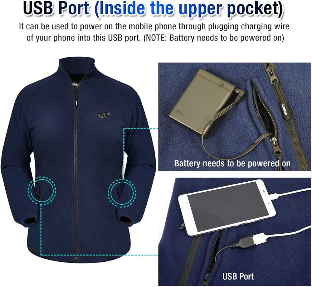 Women`s Heated Fleece Jacket with Battery, Electric Heating Coat Full Zip w/Hand Warmer + Phone Charging Function at  Women's Coats Shop