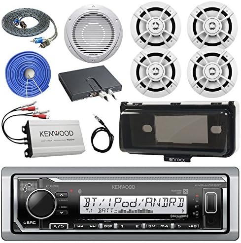Kenwood Marine Digital Media Bluetooth Receiver, 4x 6.5" 100 Watt 2-Way Speakers, 10" Woofer / Amplifier Combo, 4-Channel Amp, Scosche 12' RCA Cable, Single Din Dash Protector, 50 FT 14 AWG Wire