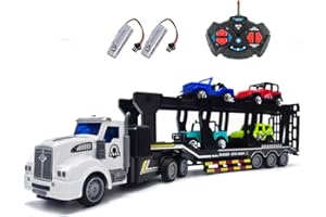 KNACKTOYZ Remote Control Car Transporter Truck Includes 4 Cars - 14" 1:48 Mini RC Toy Semi Truck Trailer with 2pcs Rechargeable Batteries, Carrier Car Truck Vehicle with Lights, Great Gift for Kids Boys Girls