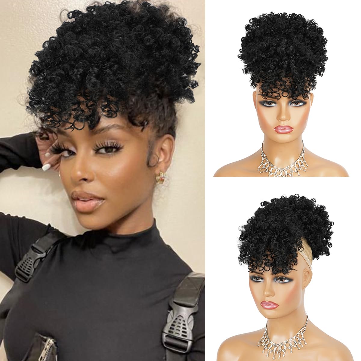 Photo 1 of Cetiq Drawstring Ponytail for Black Women Afro Puff Drawstring Ponytail with Bangs Short Kinky Curly Ponytail Bun Pineapple Updo Hair Extensions Hairpieces?1#?