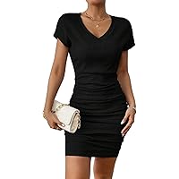 Women's V Neck Bodycon Mini Dress - Striped Trim Rib Knit T-Shirt Dress
