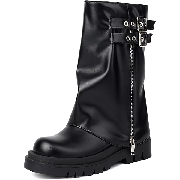 LEEY ■ WESTERN BUCKLE FOLDING BOOTS Amazon.com | SoundSky Women's Mid Calf Goth Combat Boots