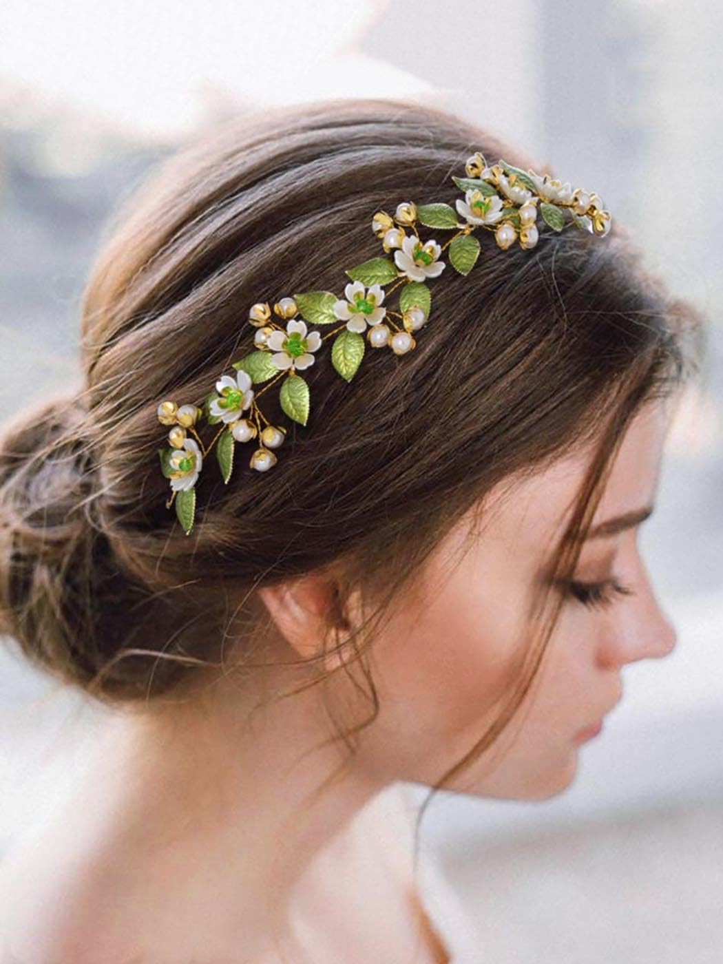 IYOU Bridal Wedding Hair Vines Green Flower Headband Leaf PearL Headpiece Bride Bridesmaid Hair Accessories for Women and Girls