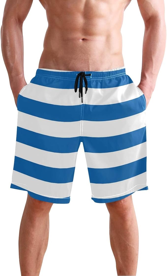 AHOMY Men's Quick Dry Swim Trunks with Pockets Blue and White